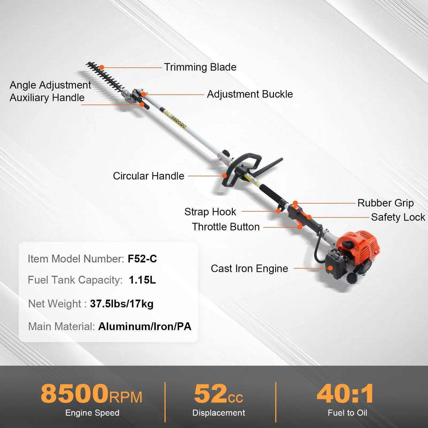 6-in-1 Gas Yard Tool: Trimmer, Brush Cutter, Hedge Trimmer & Pole Saw