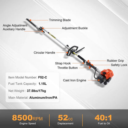 6-in-1 Gas Yard Tool: Trimmer, Brush Cutter, Hedge Trimmer & Pole Saw