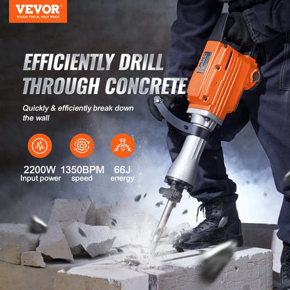 Electric Demolition Jack Hammer with 2/4/6 Chisels & 360° Swivel Handle