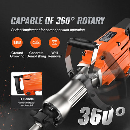 Electric Demolition Jack Hammer with 2/4/6 Chisels & 360° Swivel Handle
