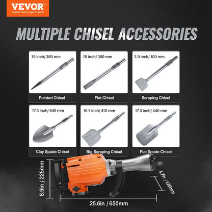 Electric Demolition Jack Hammer with 2/4/6 Chisels & 360° Swivel Handle